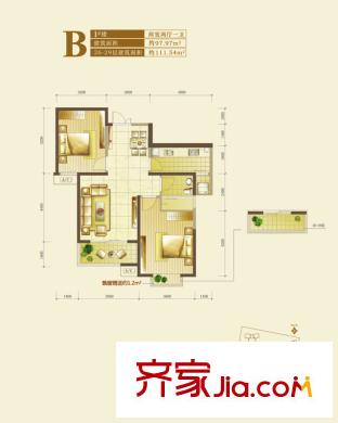 銘城16號1號樓B戶型 2室2廳1衛(wèi)1廚