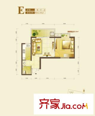 銘城16號1號樓E戶型 1室1廳1衛(wèi)1廚