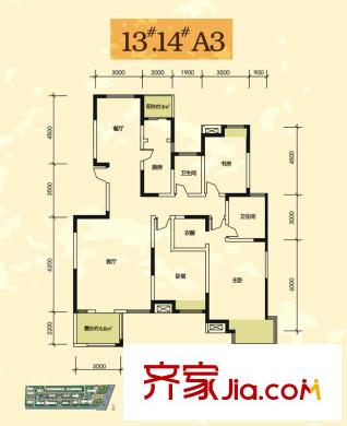 早安林平方米戶型圖13#14#A3戶型 3室2廳2衛(wèi)1廚