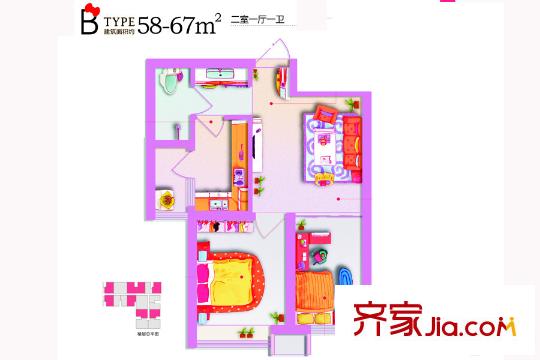 上東大道4號樓B戶型 2室2廳1衛(wèi)1廚