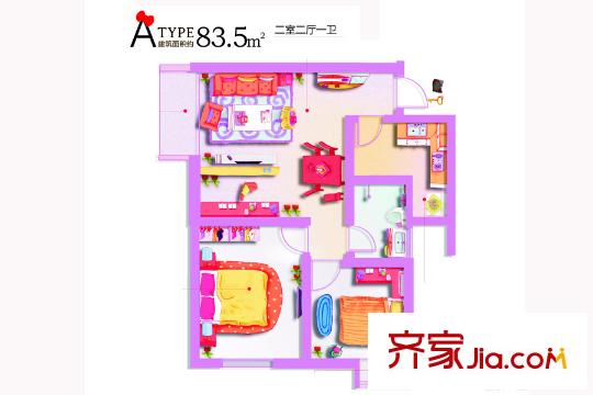 上東大道4號樓A戶型 2室2廳1衛(wèi)1廚