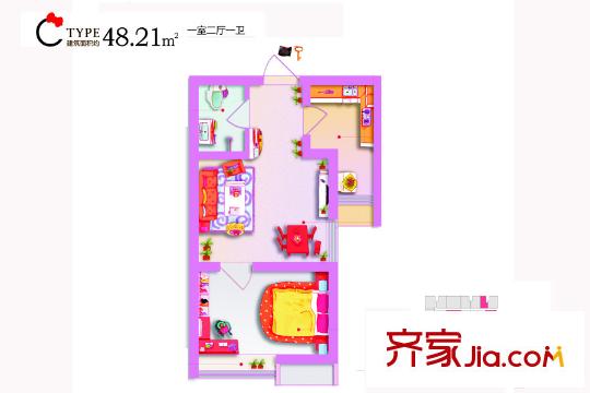上東大道4號樓C戶型 1室2廳1衛(wèi)1廚
