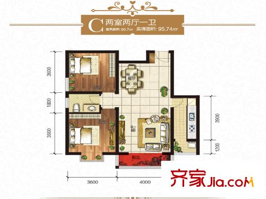 旭景崇盛園13號(hào)樓C戶型 2室2廳1衛(wèi)1廚