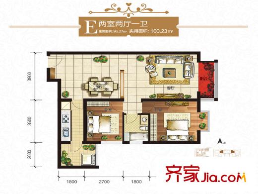 旭景崇盛園13號(hào)樓E戶型 2室2廳1衛(wèi)1廚