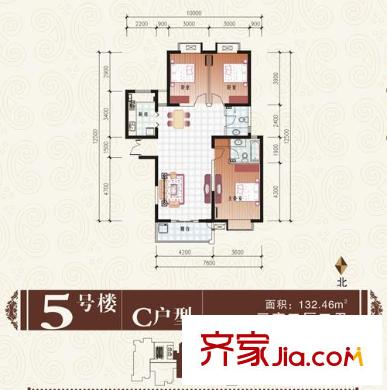 中登文景時代戶型圖5#樓C戶型 3室2廳2衛(wèi)1廚