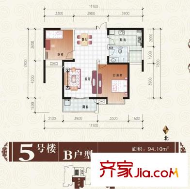 中登文景時代戶型圖5#樓B戶型 2室2廳1衛(wèi)1廚
