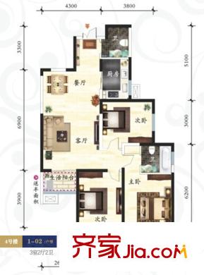 鼎正中央領(lǐng)郡戶型圖4#樓1-02戶型圖 3室2廳2衛(wèi)1廚