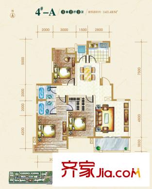 早安林平方米戶型圖4#-A戶型 3室2廳2衛(wèi)1廚