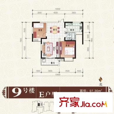 中登文景時代戶型圖9#樓E戶型 2室2廳1衛(wèi)1廚