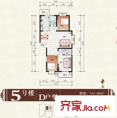 中登文景時代戶型圖5#樓D戶型 3室2廳2衛(wèi)1廚