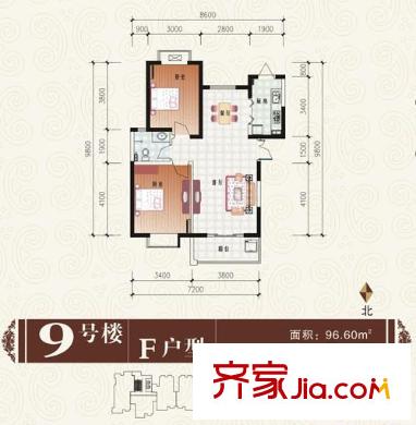 中登文景時代戶型圖9#樓F戶型 2室2廳1衛(wèi)1廚