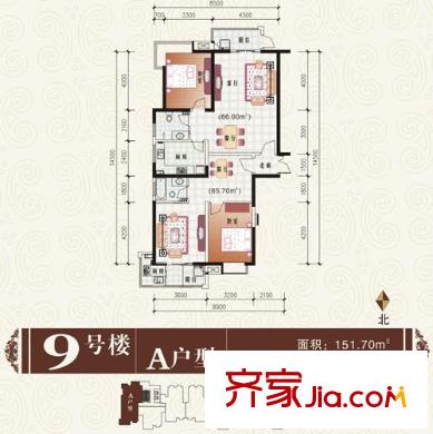 中登文景時代戶型圖9#樓A戶型 3室2廳2衛(wèi)1廚