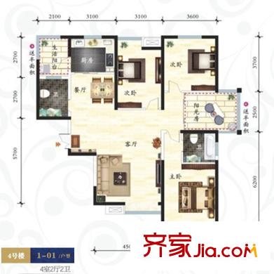 鼎正中央領(lǐng)郡戶型圖4#樓1-01戶型圖 3室2廳2衛(wèi)1廚