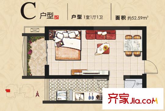旭景興園戶型圖7#樓C戶型：一室一廳一衛(wèi) 1室1廳1衛(wèi)1廚