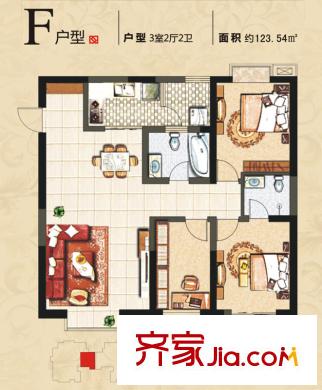 旭景興園戶型圖F戶型：三室二廳二衛(wèi) 3室2廳2衛(wèi)1廚