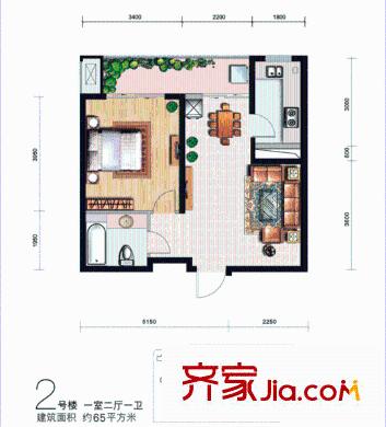 高科尚都2號樓戶型圖 1室2廳1衛(wèi)1廚