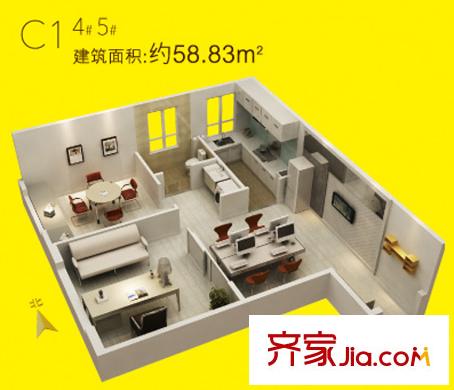 高科尚都4#5#樓C1戶型圖 1室2廳1衛(wèi)1廚