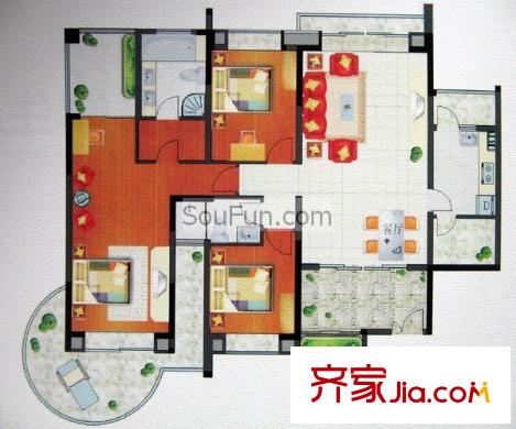 曲江南苑戶型圖3室2廳2衛(wèi)1廚
