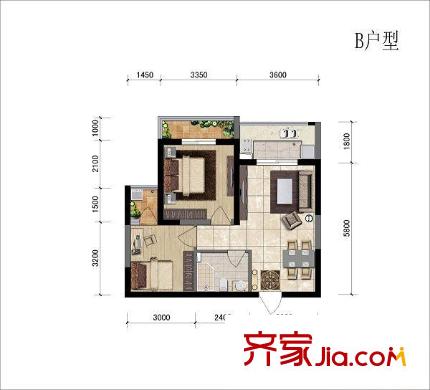 海榮名城戶型圖B戶型 2室2廳1衛(wèi)1廚