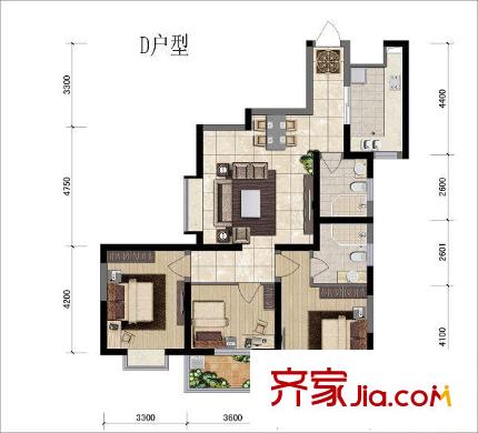 海榮名城戶型圖D 戶型 3室2廳2衛(wèi)1廚