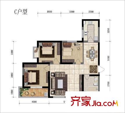 海榮名城戶型圖C戶型 3室2廳2衛(wèi)1廚