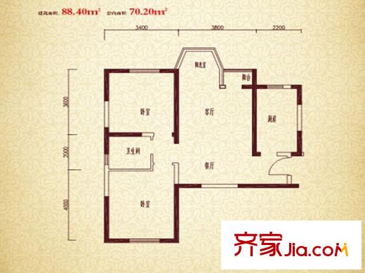 珠江新城二期C戶型 2室2廳1衛(wèi)1廚