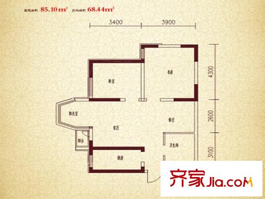 珠江新城二期E戶型 2室2廳1衛(wèi)1廚