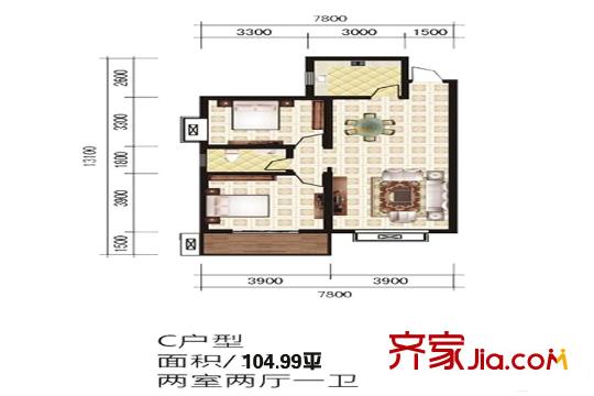 城西印象8號(hào)樓c戶(hù)型 2室2廳1衛(wèi)1廚