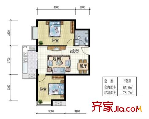 三星麗座戶型圖B戶型 2室2廳1衛(wèi)1廚