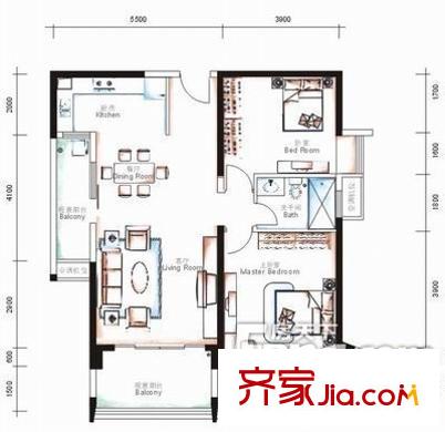 龍?jiān)反髲B 2室 戶(hù)型圖