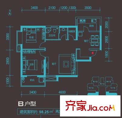 泰華頂秀風(fēng)尚戶型圖B戶型 2室2廳1衛(wèi)1廚