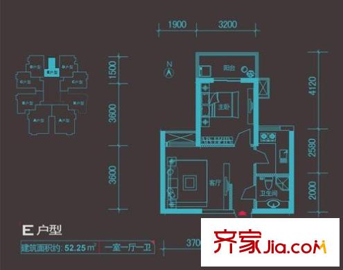 泰華頂秀風(fēng)尚戶型圖E戶型 1室1廳1衛(wèi)1廚
