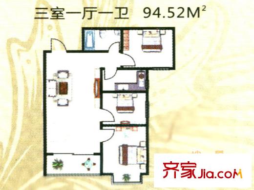 鳳錦苑戶型圖94.52平方米戶型圖 3室1廳1衛(wèi)1廚