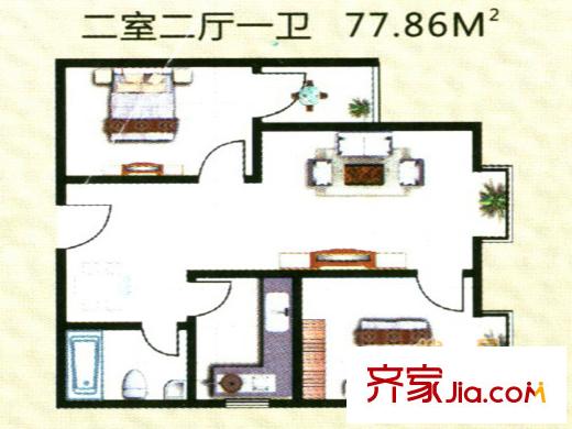 鳳錦苑戶型圖77.86平方米戶型圖 2室2廳1衛(wèi)1廚