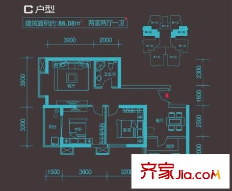泰華頂秀風(fēng)尚戶型圖C戶型 2室2廳1衛(wèi)1廚