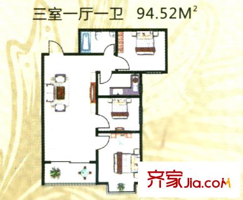 鳳錦苑戶型圖94.52平方米三室戶型圖標準層 3室1廳1衛(wèi)1廚