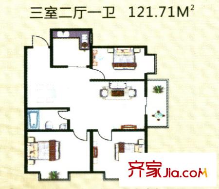 鳳錦苑戶型圖121.71平方米三室戶型圖標準層 3室2廳1衛(wèi)1廚