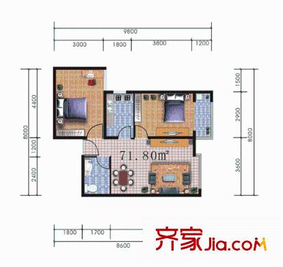 百花家園戶型圖3#7 2室2廳1衛(wèi)1廚