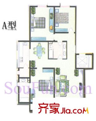 朱雀花園戶型圖A戶型 3室2廳2衛(wèi)1廚