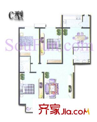 朱雀花園戶型圖C戶型 3室2廳2衛(wèi)1廚