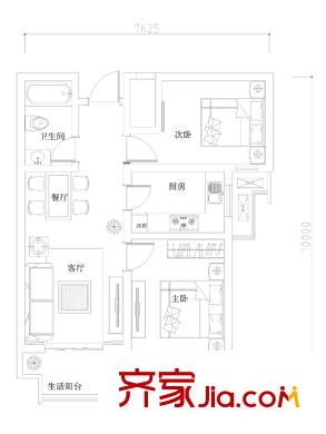 龍湖?花千樹10、11、12號樓A戶型 2室2廳1衛(wèi)1廚