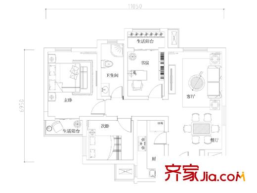 龍湖?花千樹10、11、12號樓B戶型 3室2廳1衛(wèi)1廚