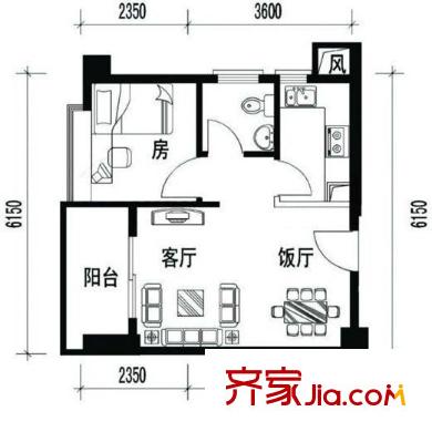 藍溪都市花園 1室 戶型圖
