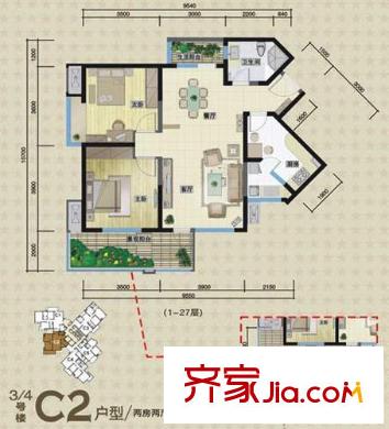城市星鉆戶型圖3/4#C2戶型 2室2廳1衛(wèi)1廚