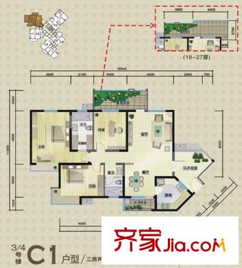 城市星鉆戶型圖3/4#C1戶型 3室2廳2衛(wèi)1廚