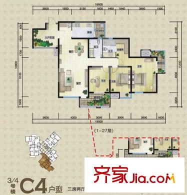 城市星鉆戶型圖3/4#C4戶型 3室2廳2衛(wèi)1廚