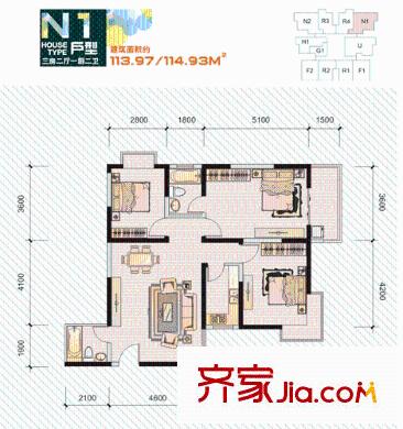晟方佳苑戶型圖1#樓 N1戶型 3室2廳2衛(wèi)1廚
