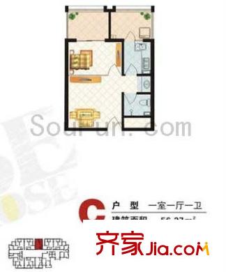  玫瑰坊 戶型圖 1室1廳1衛(wèi)