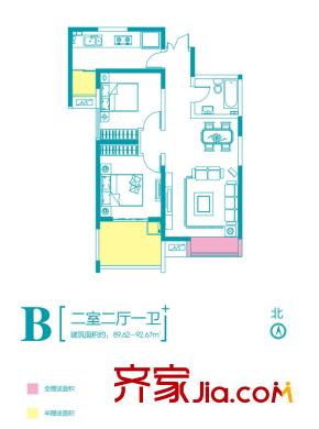 榮德?棕櫚陽光B戶型 2室2廳1衛(wèi)1廚