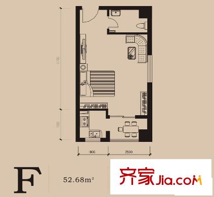 捷瑞公園首府戶型圖F戶型52.681011 1室2廳1衛(wèi)1廚